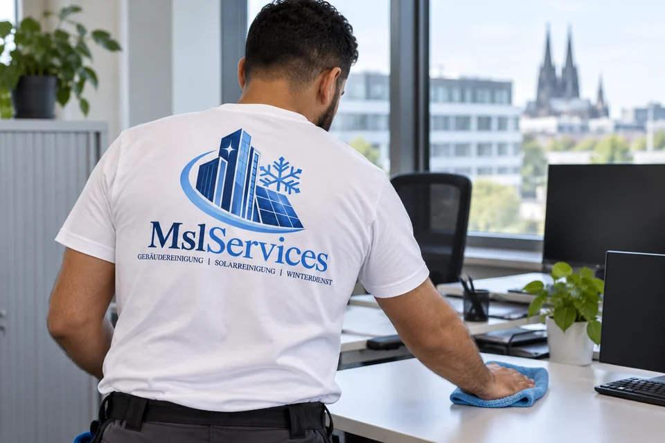 Symbolmotiv: Reinigungskraft im weißen MslServices-T-Shirt bei der Büroreinigung