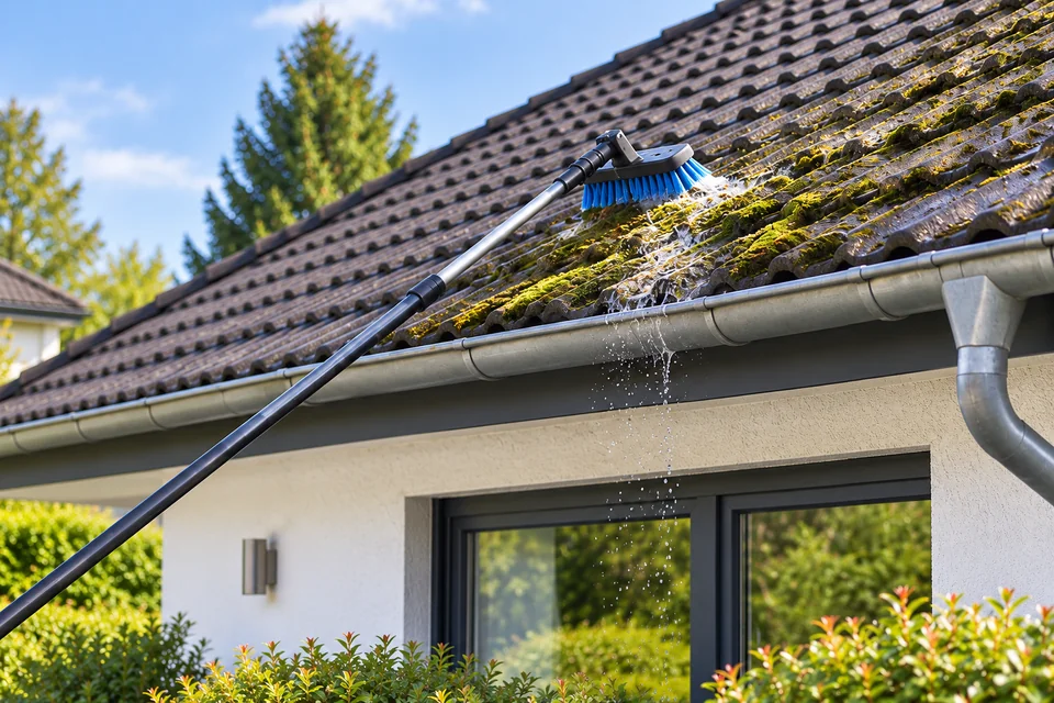Teleskopbürste bei der Reinigung eines niedrigen Ziegeldachs