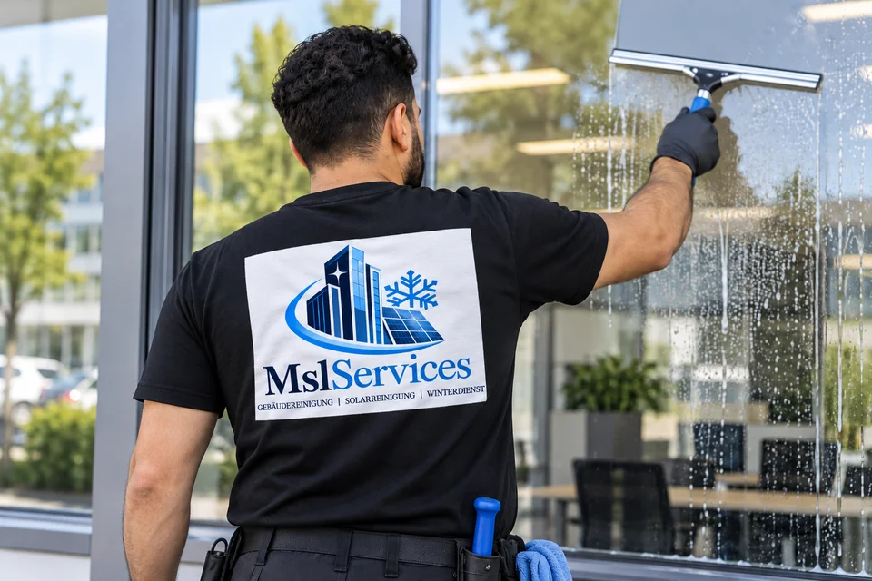 Symbolmotiv: Reinigungskraft im schwarzen MslServices-T-Shirt bei der Glasreinigung