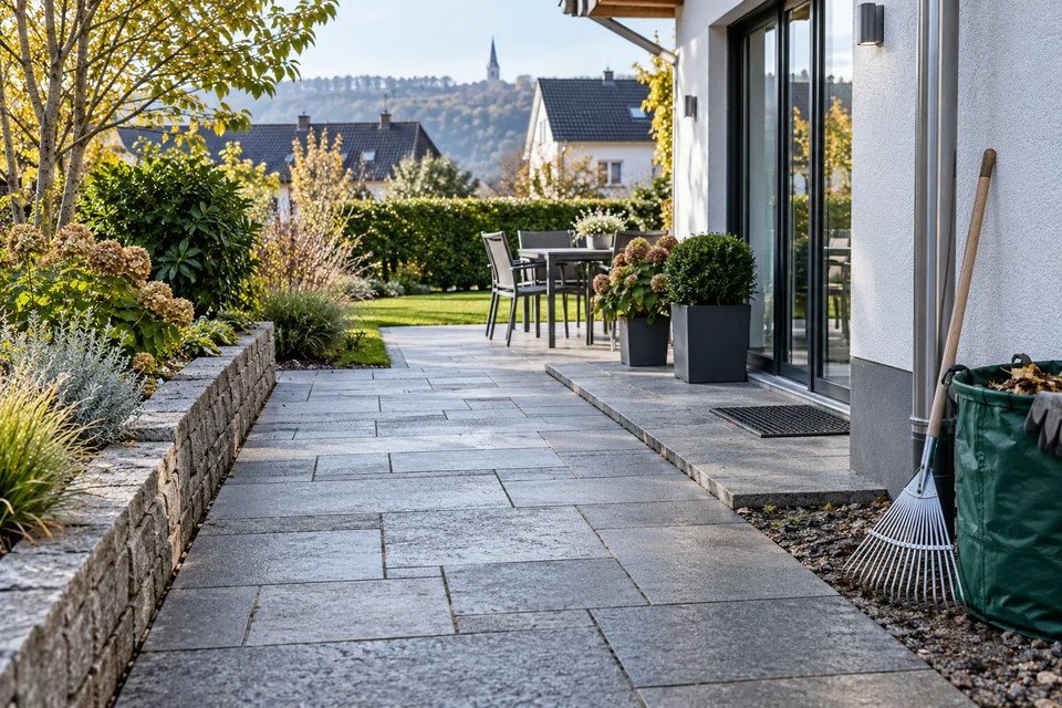 Gepflegter Gartenweg mit Geräten für die Außenreinigung